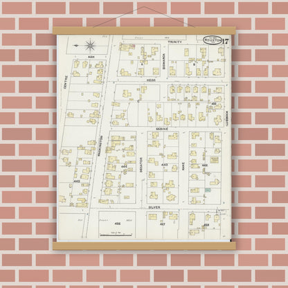 Old map wall art mockup — magnetic wood frame on brick wall — Sanborn Fire Insurance Map from Houston, Harris County, Texas (1890), Sheet #0017