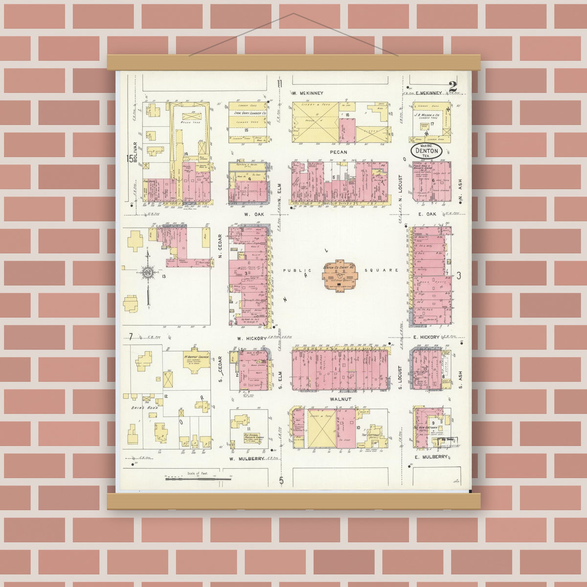Old map wall art mockup — magnetic wood frame on brick wall — Sanborn Fire Insurance Map from Denton, Denton County, Texas (1912), Sheet #0002