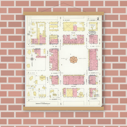 Old map wall art mockup — magnetic wood frame on brick wall — Sanborn Fire Insurance Map from Denton, Denton County, Texas (1912), Sheet #0002