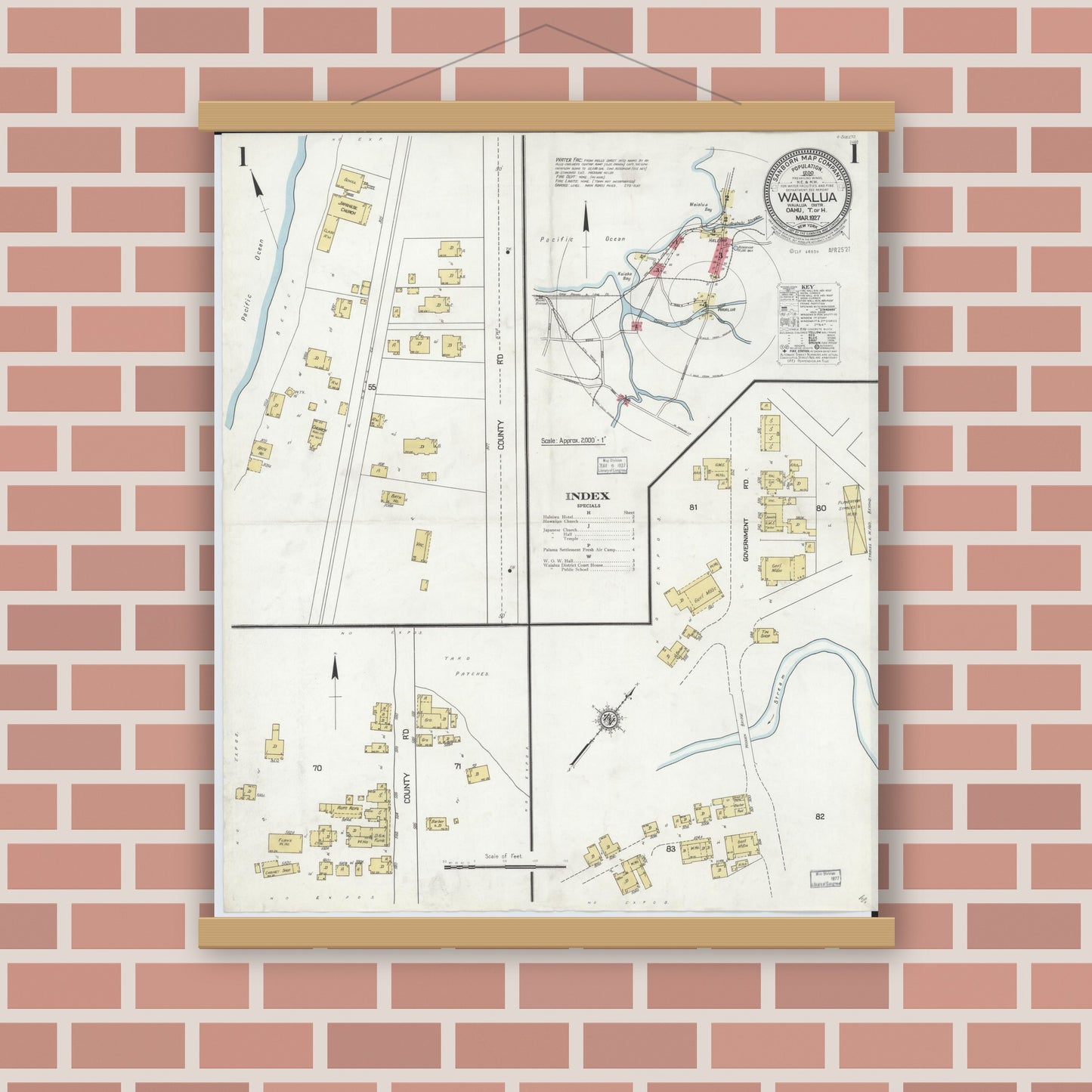 Old map wall art mockup — magnetic wood frame on brick wall — Sanborn Fire Insurance Map from Waialua, Honolulu County, Hawaii (1927), Sheet #0001