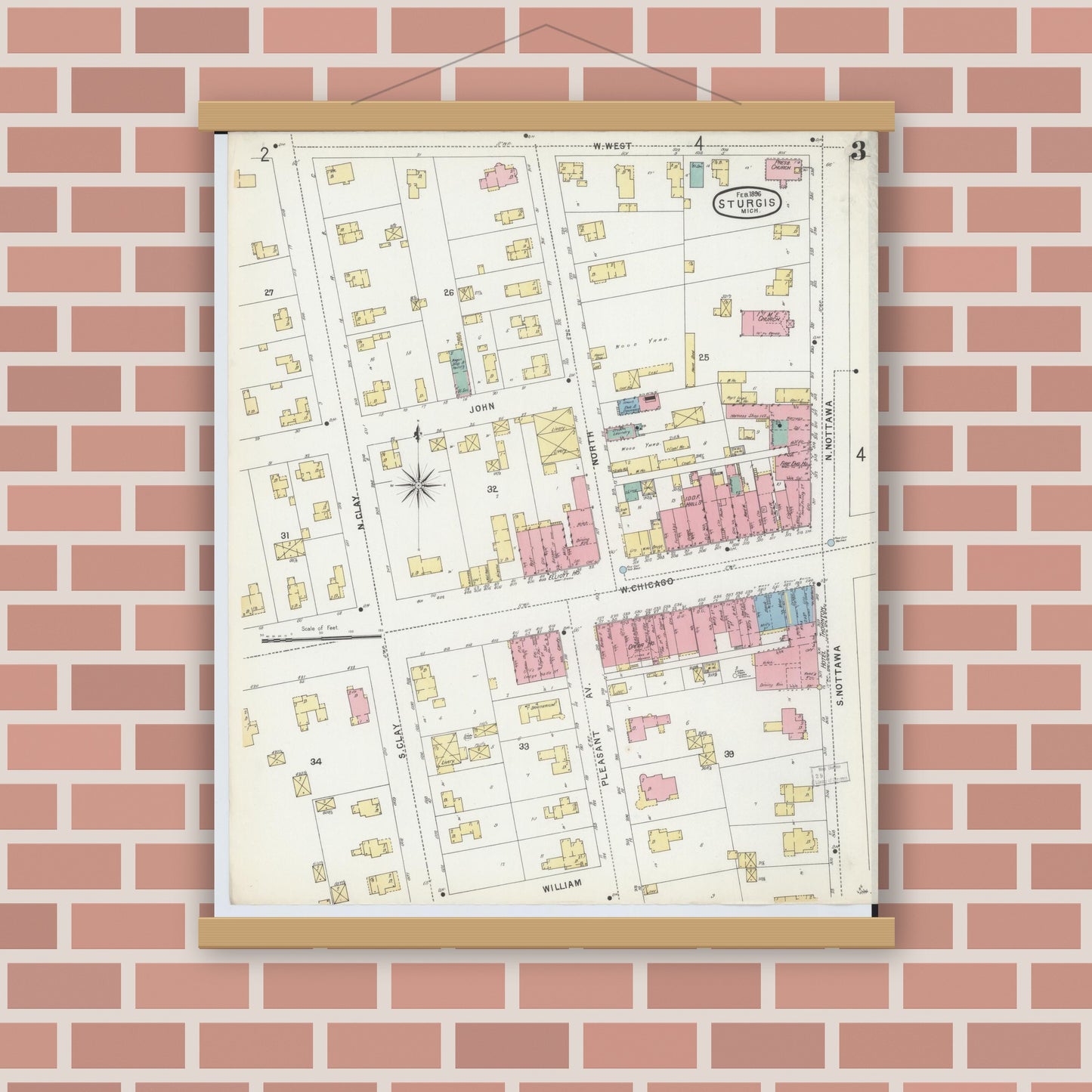 Old map wall art mockup — magnetic wood frame on brick wall — Sanborn Fire Insurance Map from Sturgis, Saint Joseph County, Michigan (1895), Sheet #0003