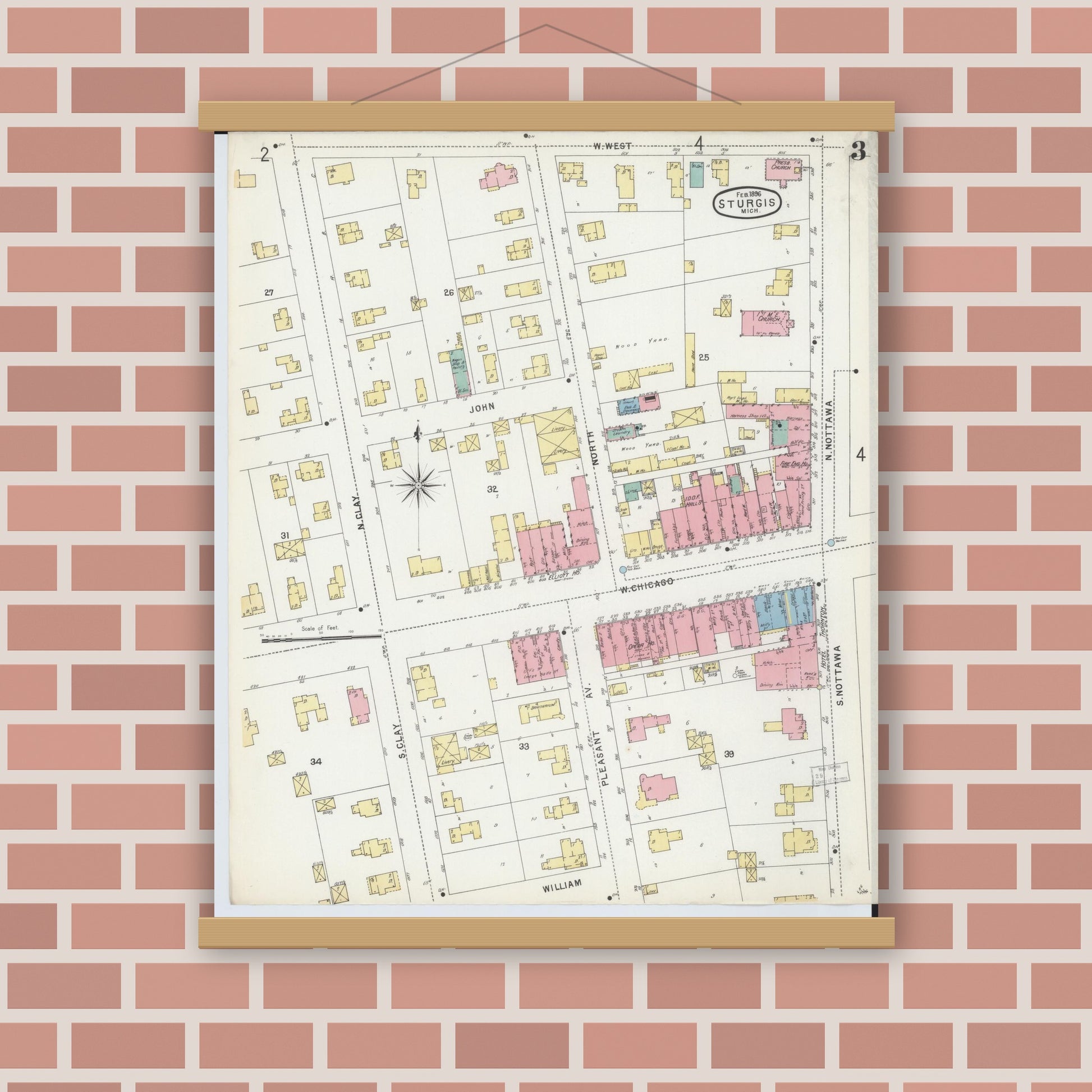 Old map wall art mockup — magnetic wood frame on brick wall — Sanborn Fire Insurance Map from Sturgis, Saint Joseph County, Michigan (1895), Sheet #0003