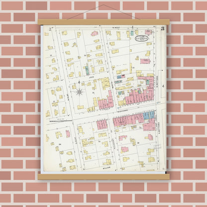 Old map wall art mockup — magnetic wood frame on brick wall — Sanborn Fire Insurance Map from Sturgis, Saint Joseph County, Michigan (1895), Sheet #0003