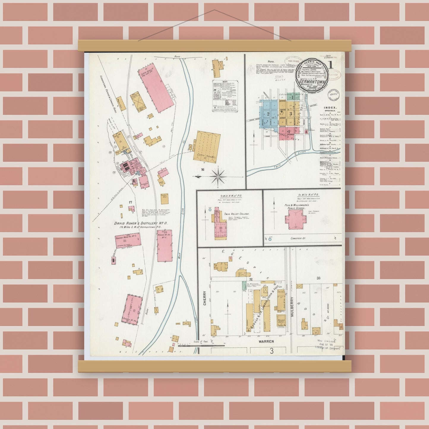 Old map wall art mockup — magnetic wood frame on brick wall — Sanborn Fire Insurance Map from Germantown, Montgomery County, Ohio (1899) - Complete Map Set