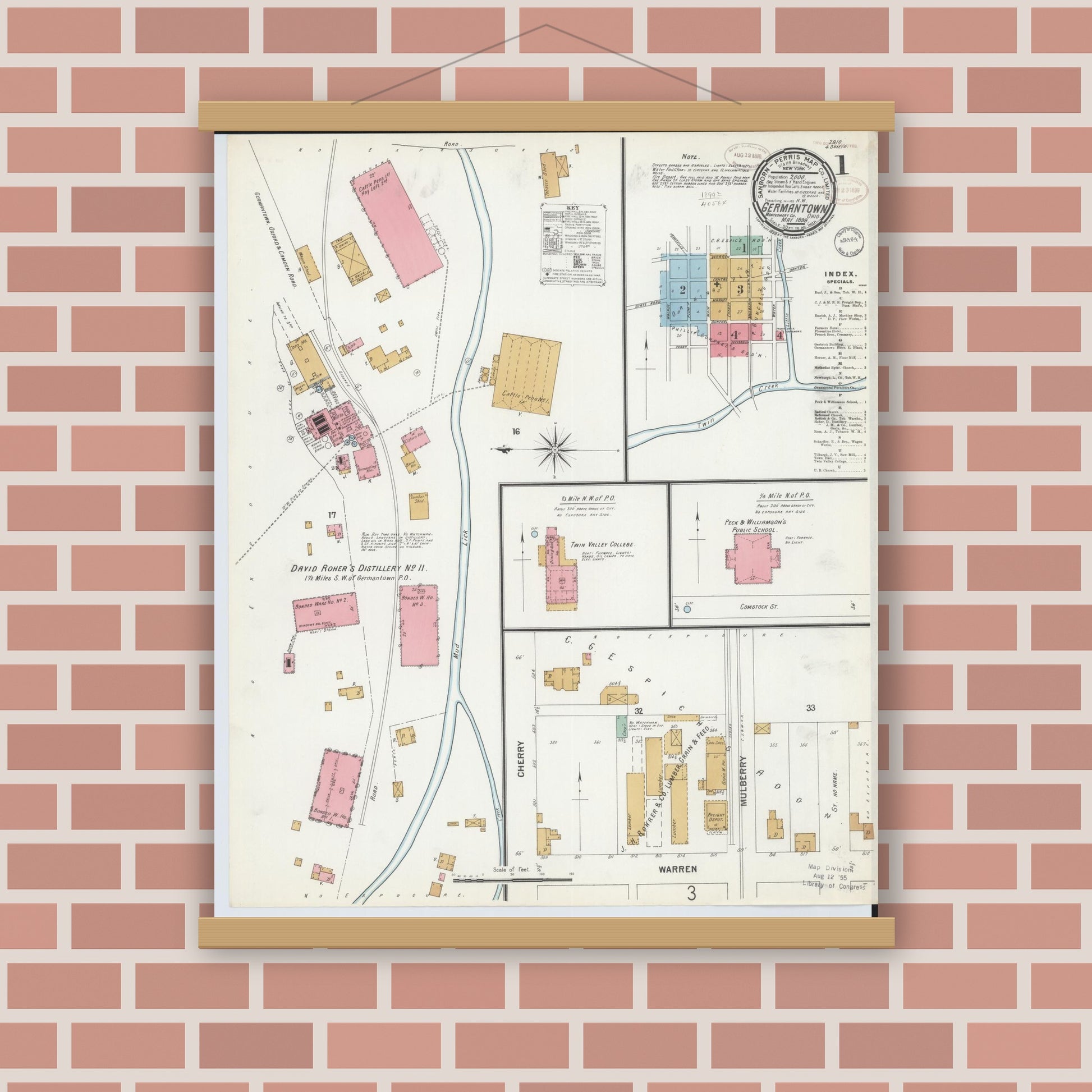Old map wall art mockup — magnetic wood frame on brick wall — Sanborn Fire Insurance Map from Germantown, Montgomery County, Ohio (1899) - Complete Map Set