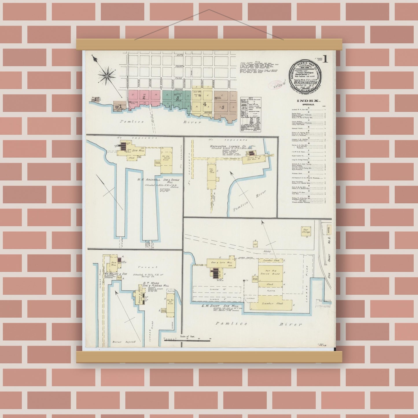 Old map wall art mockup — magnetic wood frame on brick wall — Sanborn Fire Insurance Map from Washington, Beaufort County, North Carolina (1891), Sheet #0001