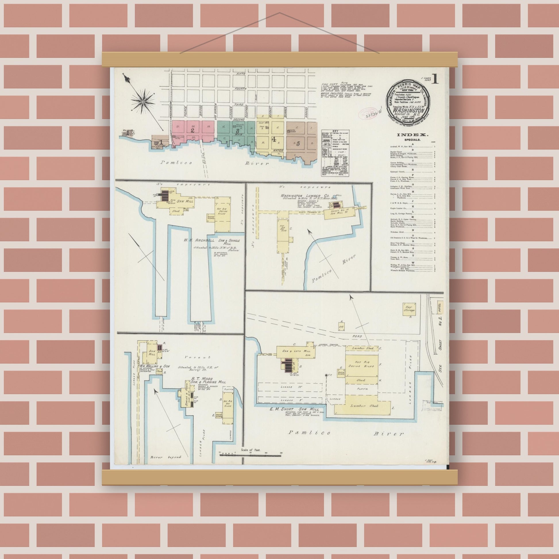 Old map wall art mockup — magnetic wood frame on brick wall — Sanborn Fire Insurance Map from Washington, Beaufort County, North Carolina (1891), Sheet #0001