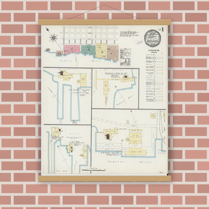 Old map wall art mockup — magnetic wood frame on brick wall — Sanborn Fire Insurance Map from Washington, Beaufort County, North Carolina (1891), Sheet #0001