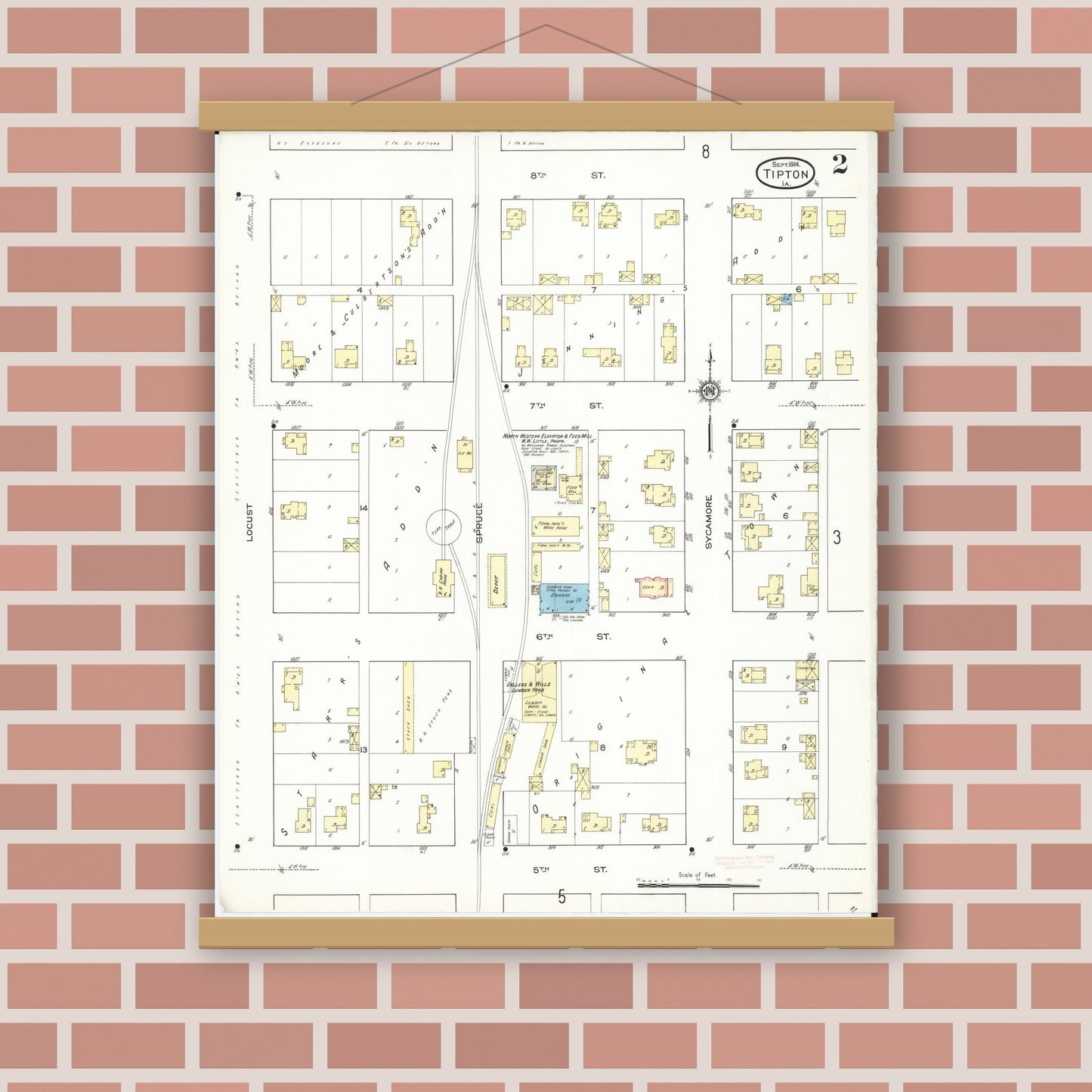 Old map wall art mockup — magnetic wood frame on brick wall — Sanborn Fire Insurance Map from Tipton, Cedar County, Iowa (1914), Sheet #0002