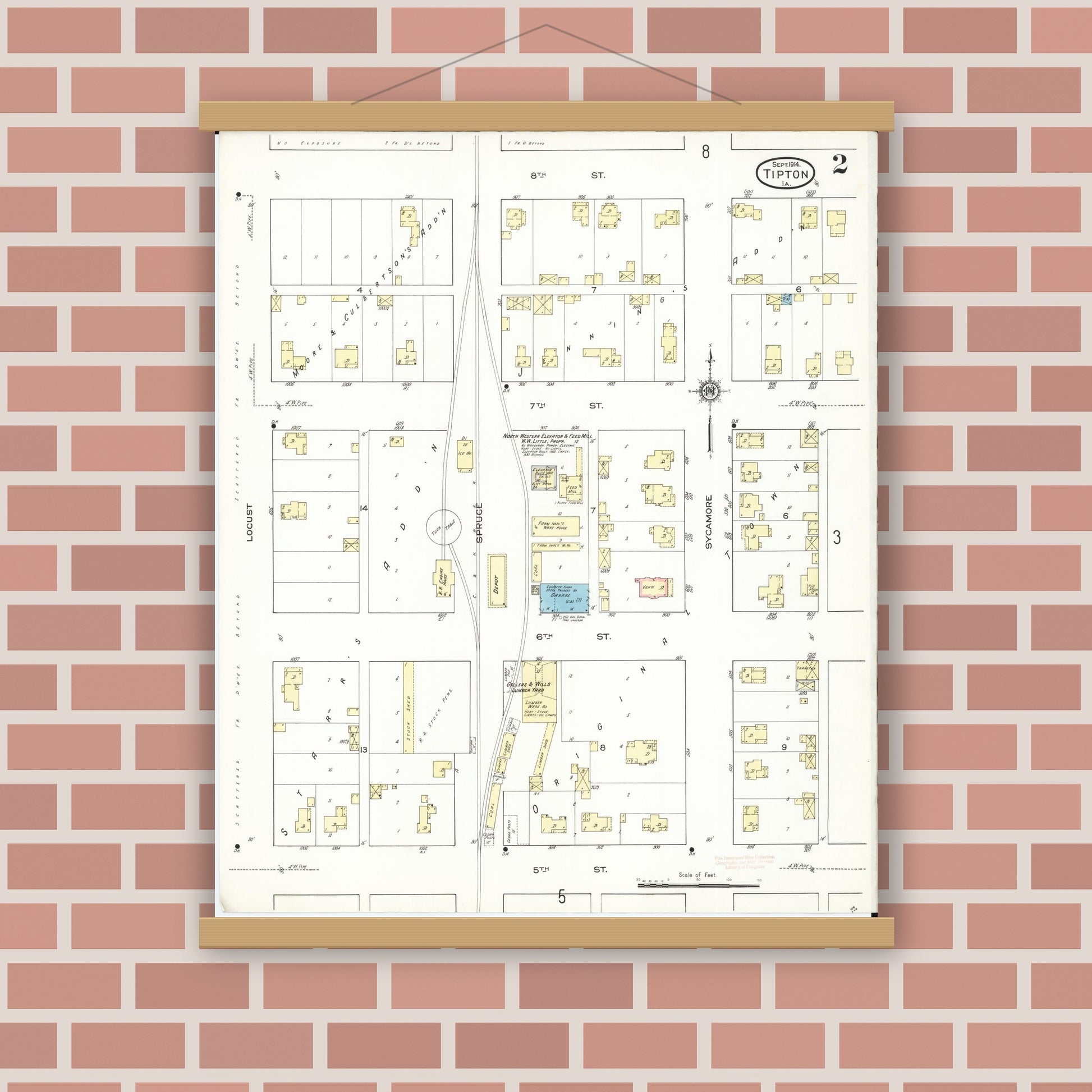 Old map wall art mockup — magnetic wood frame on brick wall — Sanborn Fire Insurance Map from Tipton, Cedar County, Iowa (1914), Sheet #0002