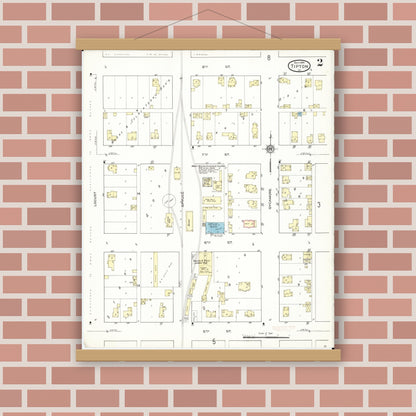 Old map wall art mockup — magnetic wood frame on brick wall — Sanborn Fire Insurance Map from Tipton, Cedar County, Iowa (1914), Sheet #0002