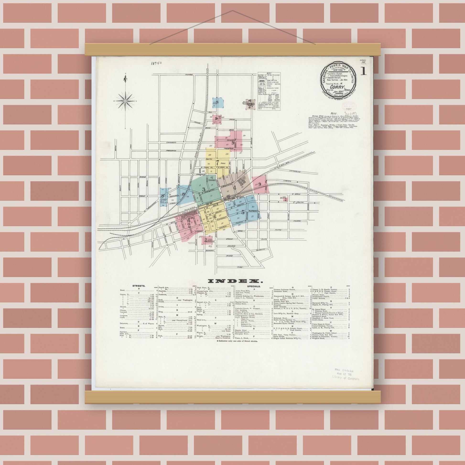 Old map wall art mockup — magnetic wood frame on brick wall — Sanborn Fire Insurance Map from Corry, Erie County, Pennsylvania (1897), Sheet #0001