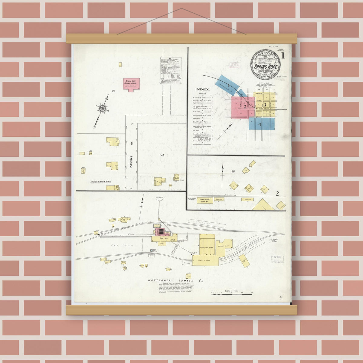 Old map wall art mockup — magnetic wood frame on brick wall — Sanborn Fire Insurance Map from Spring Hope, Nash County, North Carolina (1911) - Complete Map Set