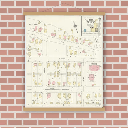 Old map wall art mockup — magnetic wood frame on brick wall — Sanborn Fire Insurance Map from Attica, Fountain County, Indiana (1910), Sheet #0007