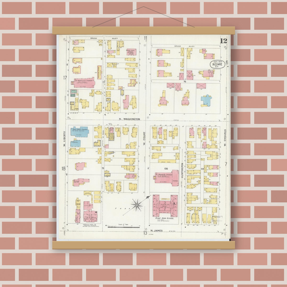 Old map wall art mockup — magnetic wood frame on brick wall — Sanborn Fire Insurance Map from Rome, Oneida County, New York (1904), Sheet #0012