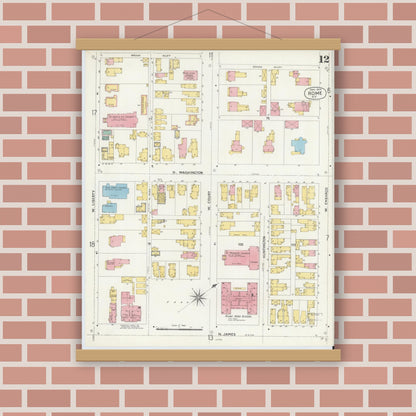 Old map wall art mockup — magnetic wood frame on brick wall — Sanborn Fire Insurance Map from Rome, Oneida County, New York (1904), Sheet #0012