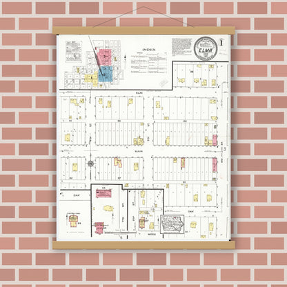 Old map wall art mockup — magnetic wood frame on brick wall — Sanborn Fire Insurance Map from Elma, Howard County, Iowa (1920) â€” Complete Set