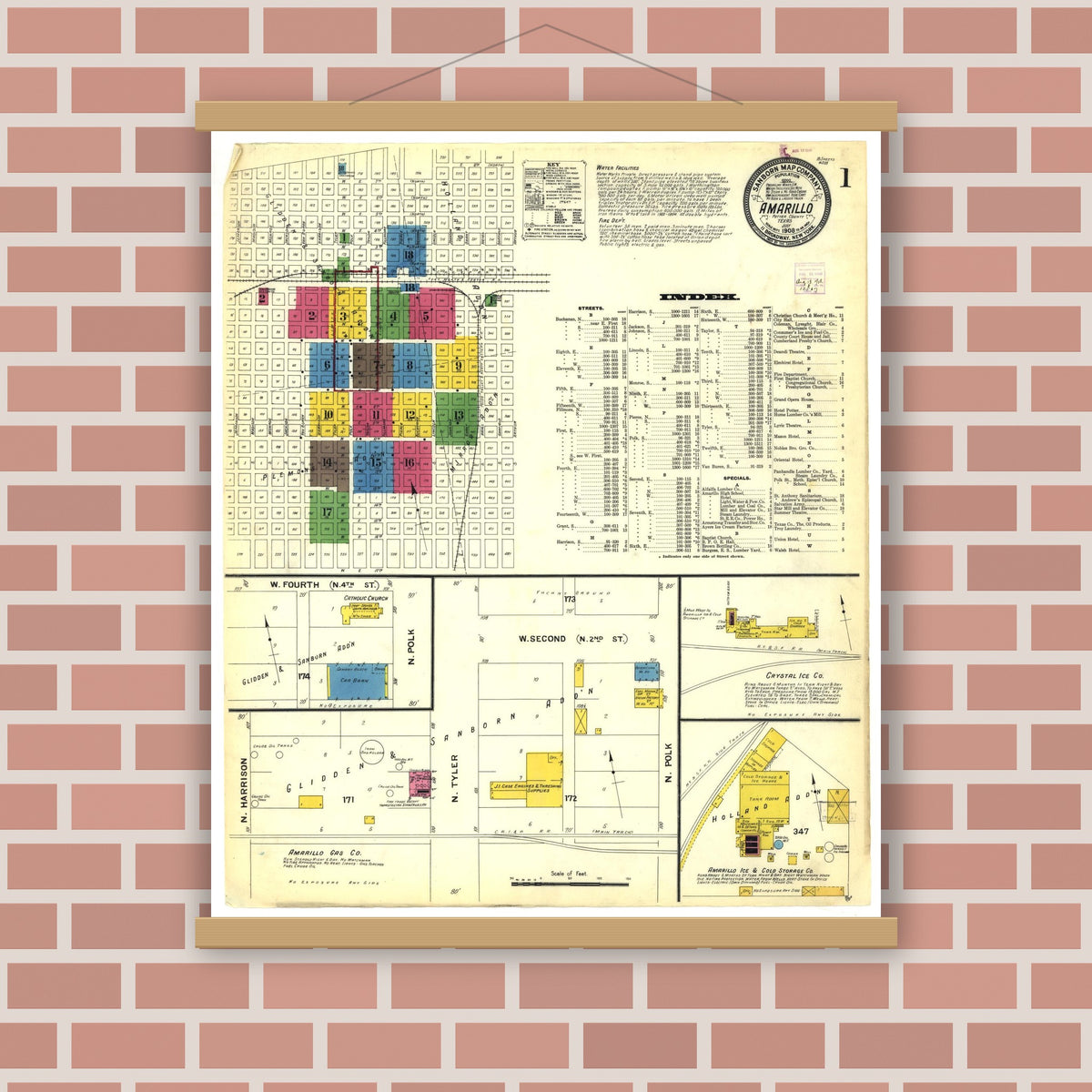 Old map wall art mockup — magnetic wood frame on brick wall — Sanborn Fire Insurance Map from Amarillo, Potter County, Texas (1908), Sheet #0001