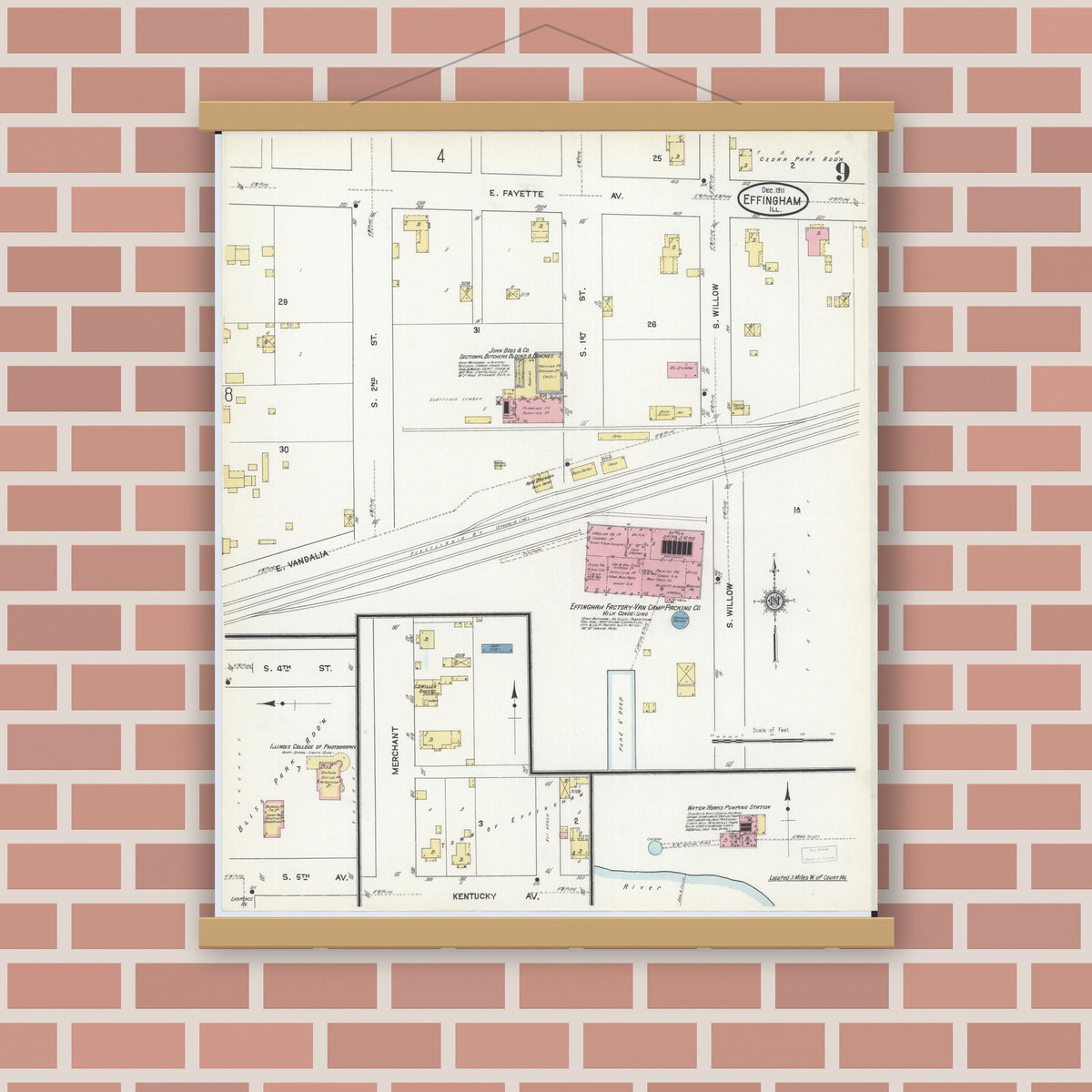 Old map wall art mockup — magnetic wood frame on brick wall — Sanborn Fire Insurance Map from Effingham, Effingham County, Illinois (1911), Sheet #0009