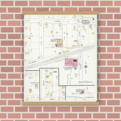 Old map wall art mockup — magnetic wood frame on brick wall — Sanborn Fire Insurance Map from Effingham, Effingham County, Illinois (1911), Sheet #0009