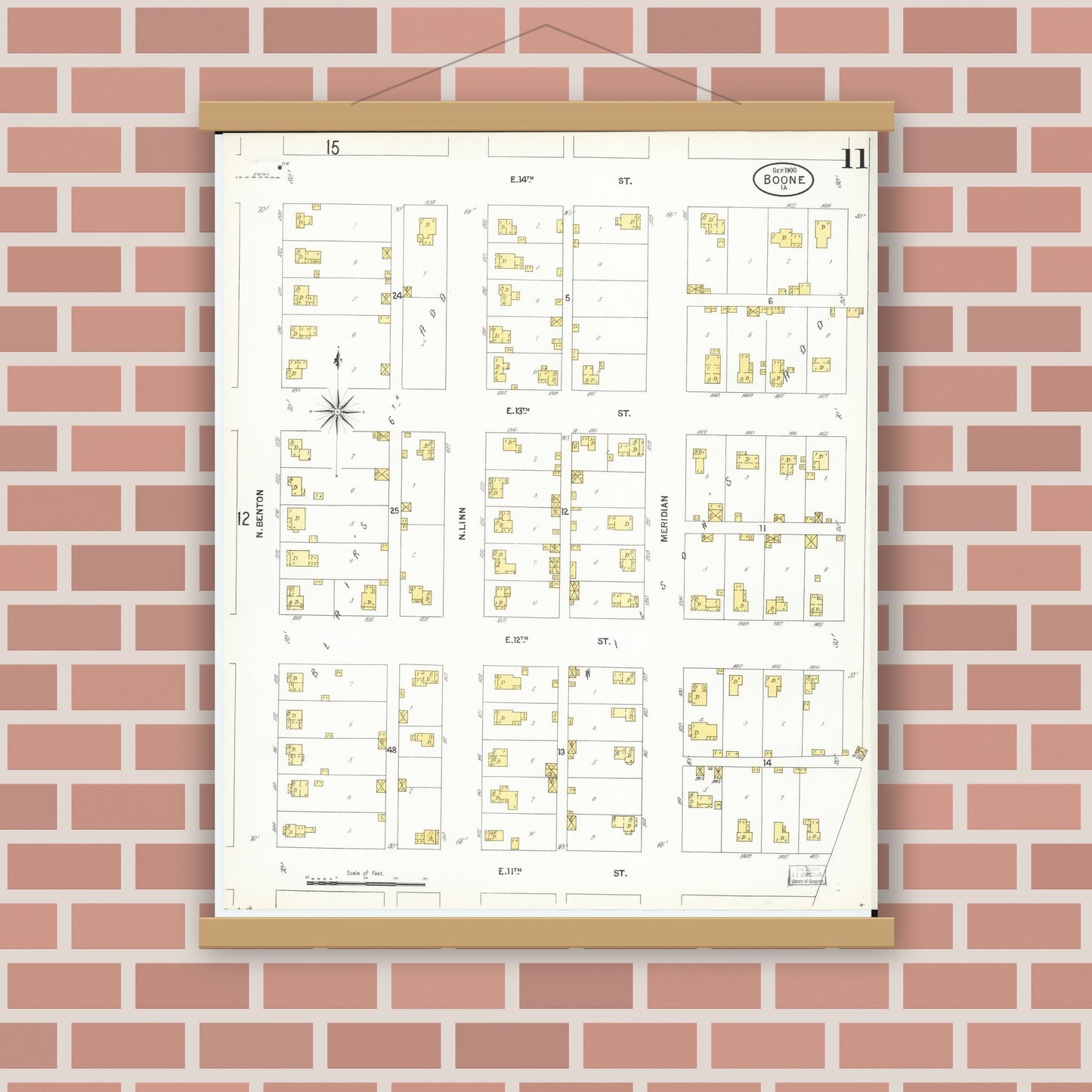 Old map wall art mockup — magnetic wood frame on brick wall — Sanborn Fire Insurance Map from Boone, Boone County, Iowa (1900), Sheet #0011