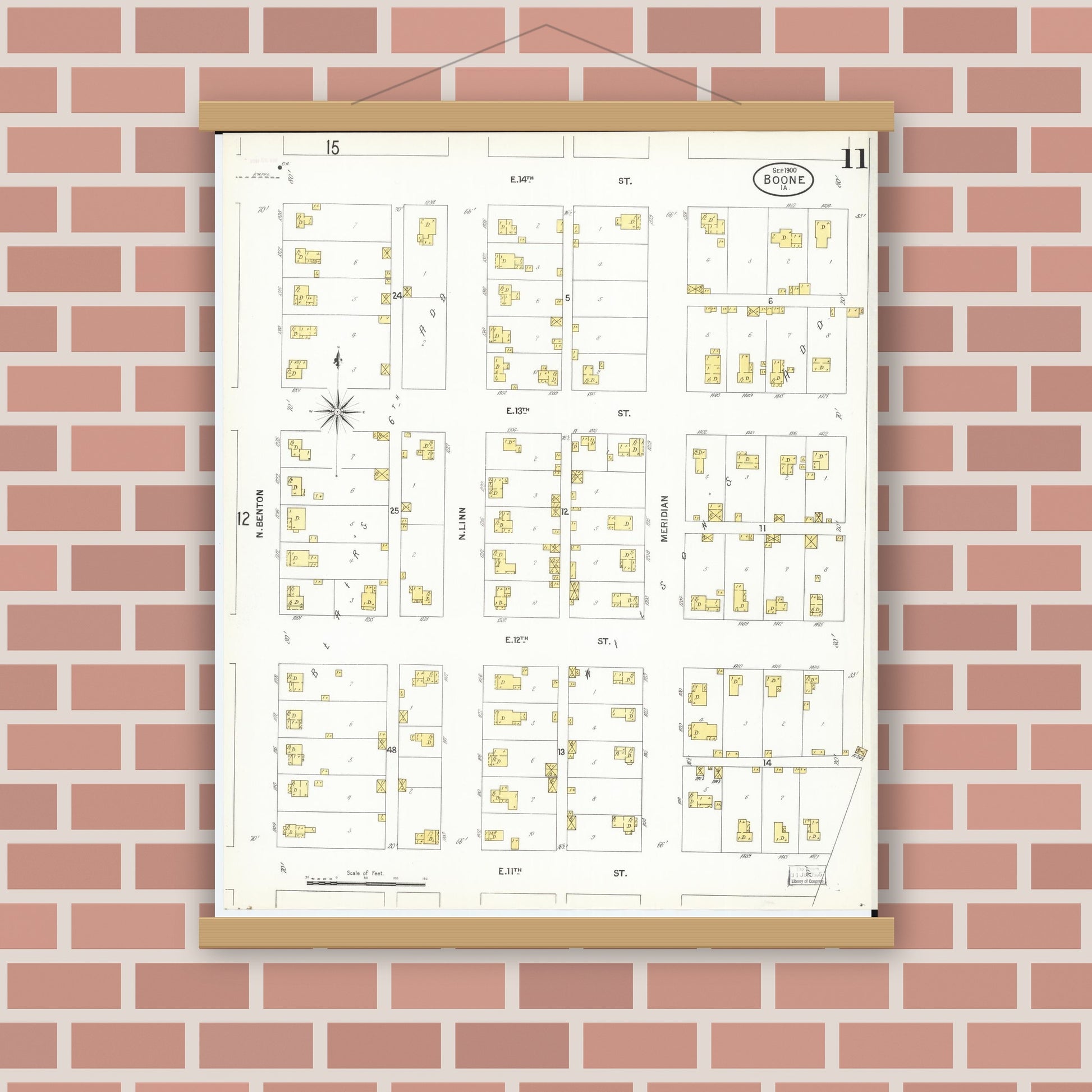 Old map wall art mockup — magnetic wood frame on brick wall — Sanborn Fire Insurance Map from Boone, Boone County, Iowa (1900), Sheet #0011