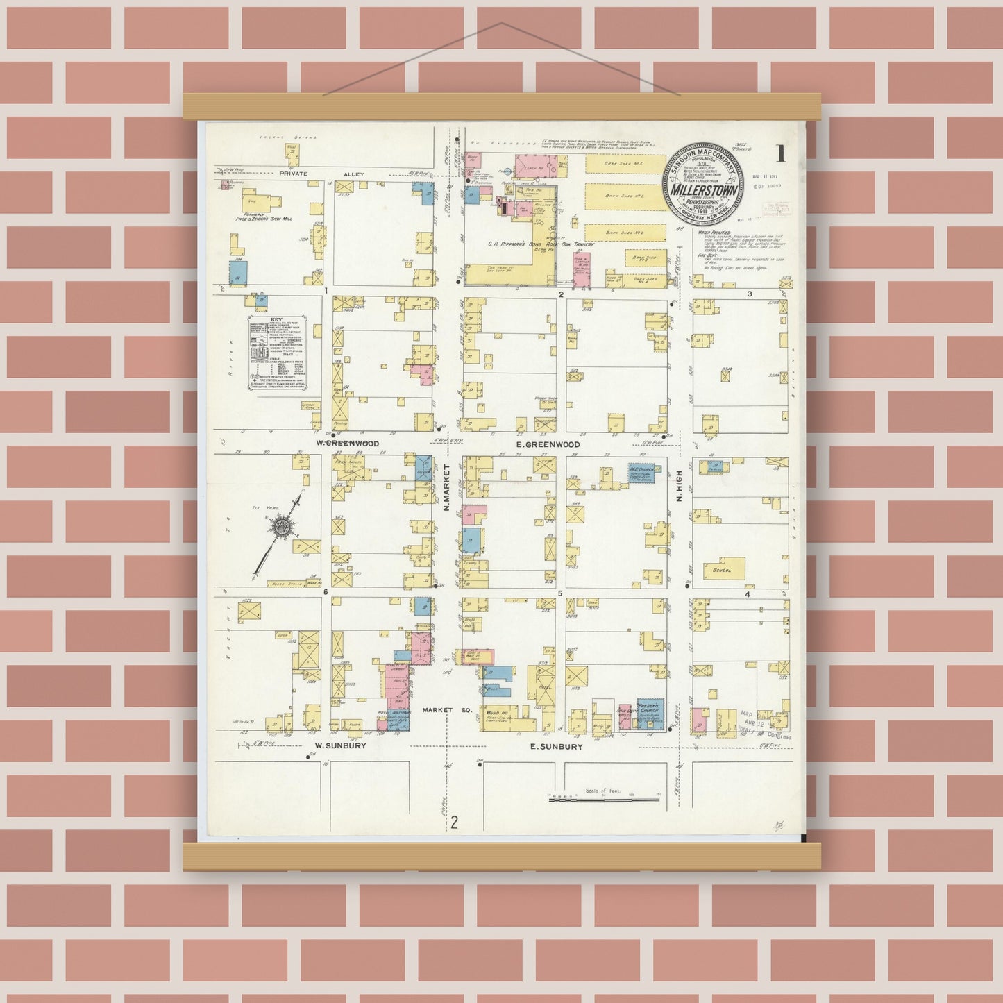 Old map wall art mockup — magnetic wood frame on brick wall — Sanborn Fire Insurance Map from Millerstown, Perry County, Pennsylvania (1911) - Complete Map Set