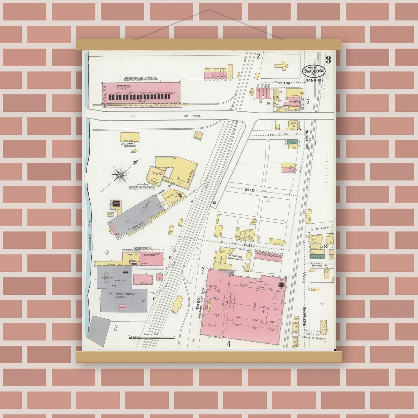 Old map wall art mockup — magnetic wood frame on brick wall — Sanborn Fire Insurance Map from Braddock, Allegheny County, Pennsylvania (1901), Sheet #0003