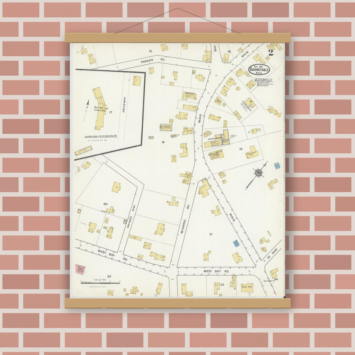 Old map wall art mockup — magnetic wood frame on brick wall — Sanborn Fire Insurance Map from Barnstable, Barnstable County, Massachusetts (1916), Sheet #0002