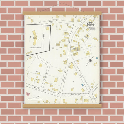 Old map wall art mockup — magnetic wood frame on brick wall — Sanborn Fire Insurance Map from Barnstable, Barnstable County, Massachusetts (1916), Sheet #0002