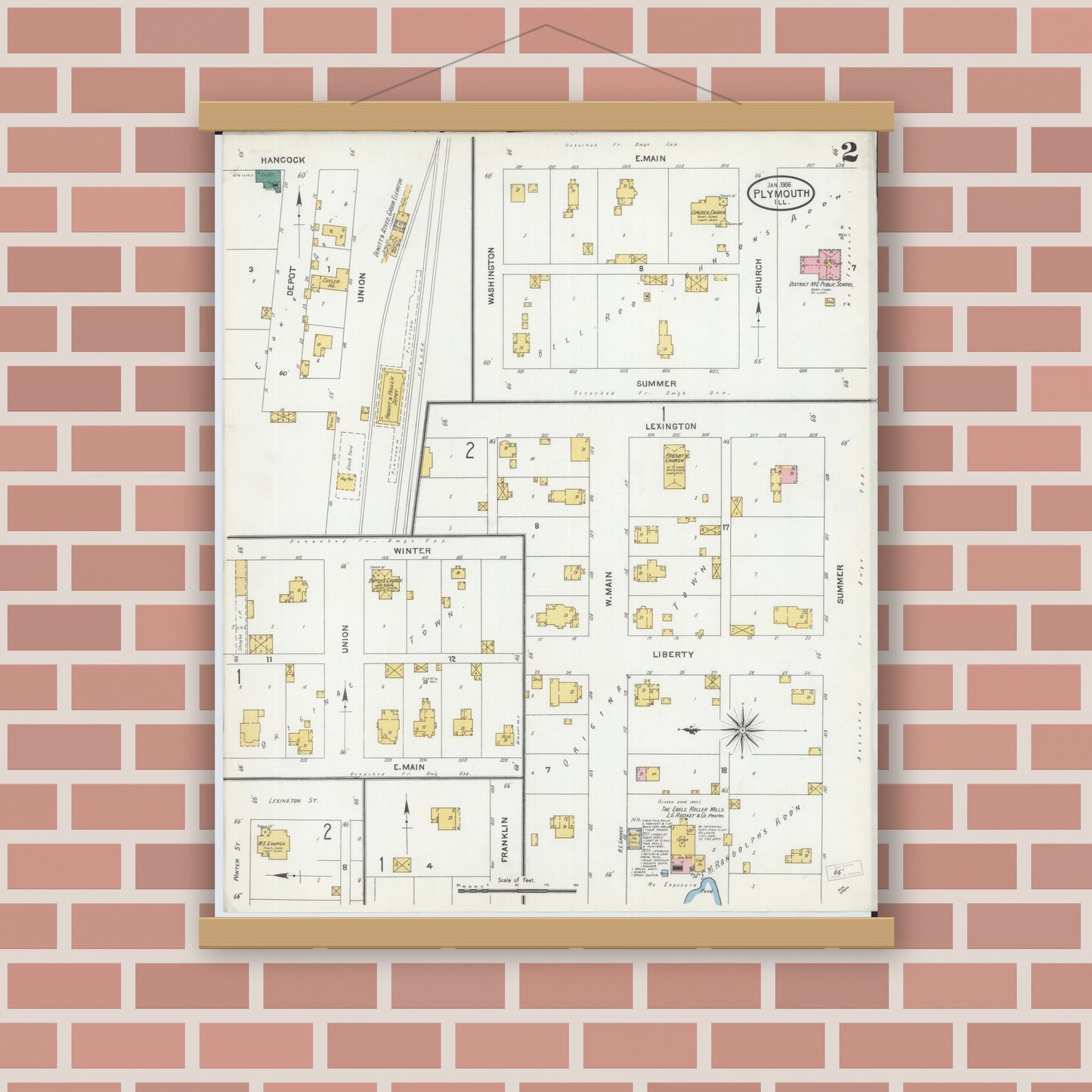 Old map wall art mockup — magnetic wood frame on brick wall — Sanborn Fire Insurance Map from Plymouth, Hancock County, Illinois (1906), Sheet #0002