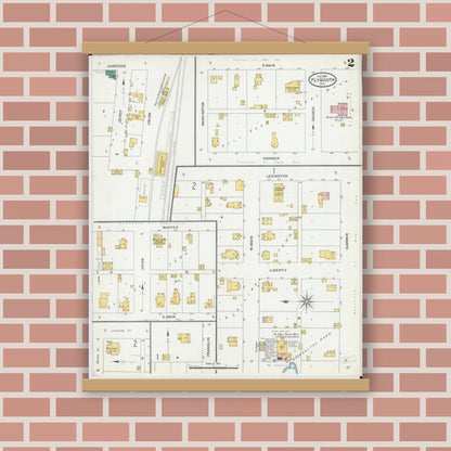 Old map wall art mockup — magnetic wood frame on brick wall — Sanborn Fire Insurance Map from Plymouth, Hancock County, Illinois (1906), Sheet #0002
