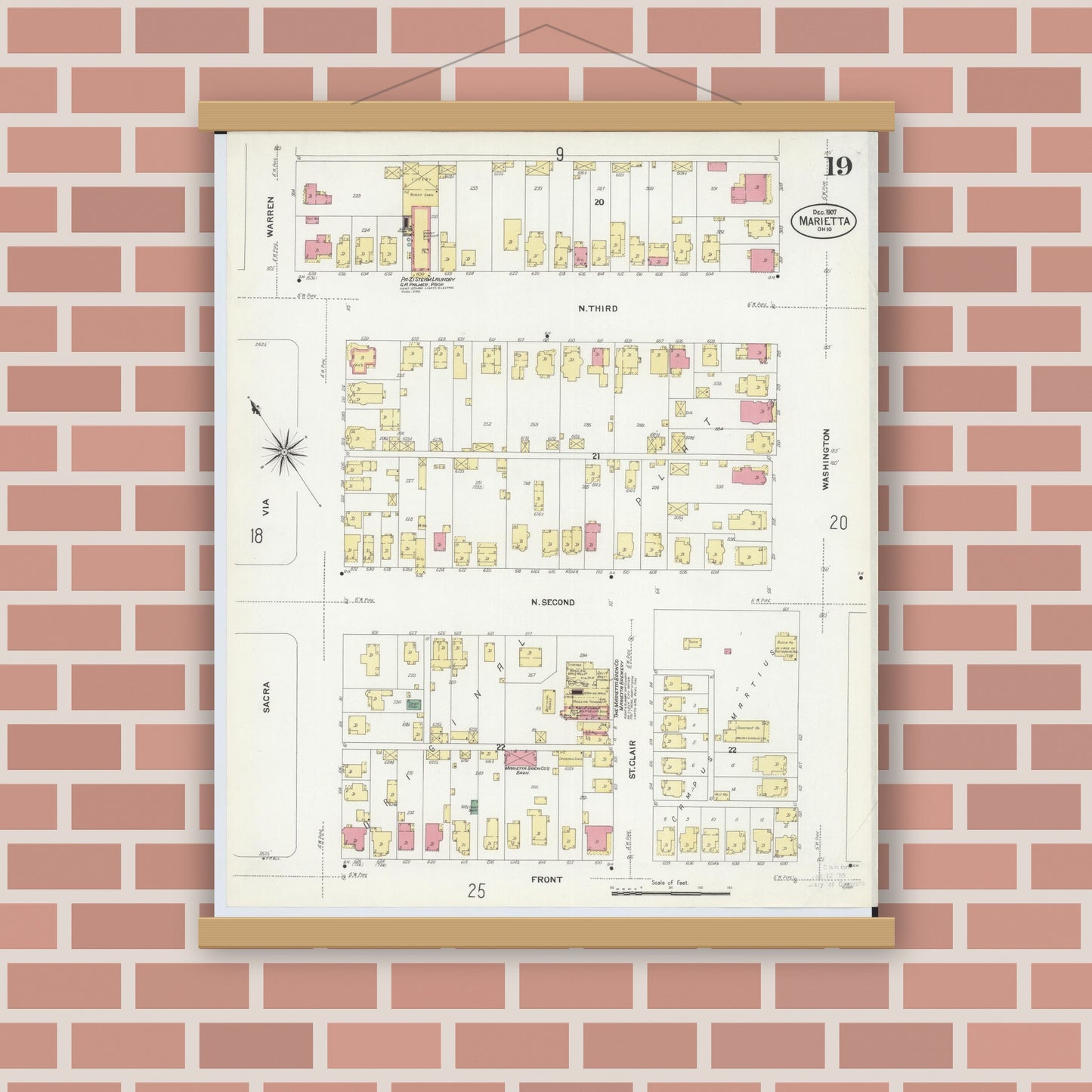 Old map wall art mockup — magnetic wood frame on brick wall — Sanborn Fire Insurance Map from Marietta, Washington County, Ohio (1907), Sheet #0019