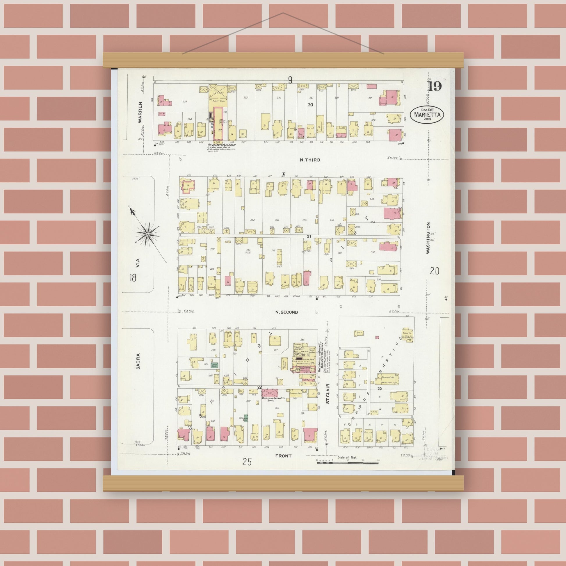 Old map wall art mockup — magnetic wood frame on brick wall — Sanborn Fire Insurance Map from Marietta, Washington County, Ohio (1907), Sheet #0019