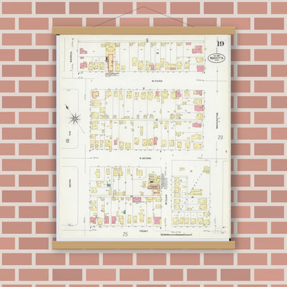 Old map wall art mockup — magnetic wood frame on brick wall — Sanborn Fire Insurance Map from Marietta, Washington County, Ohio (1907), Sheet #0019