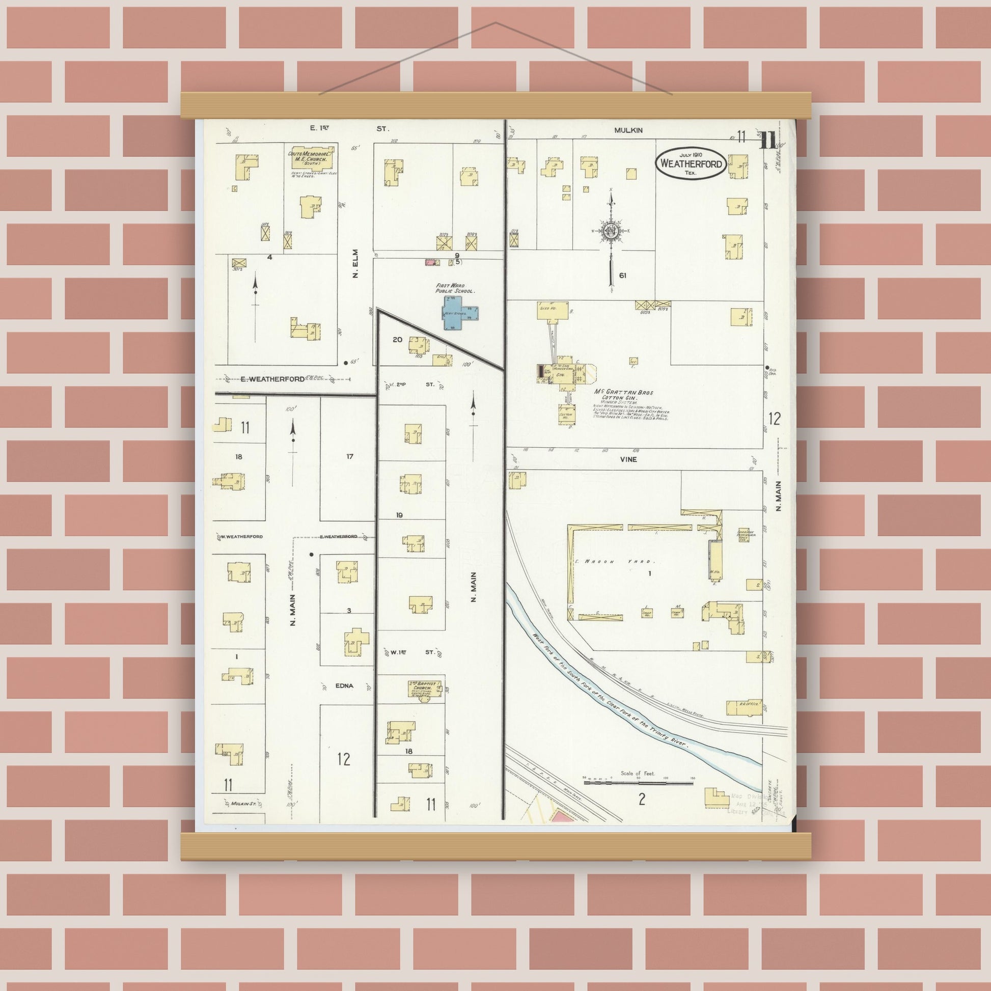 Old map wall art mockup — magnetic wood frame on brick wall — Sanborn Fire Insurance Map from Weatherford, Parker County, Texas (1910), Sheet #0011