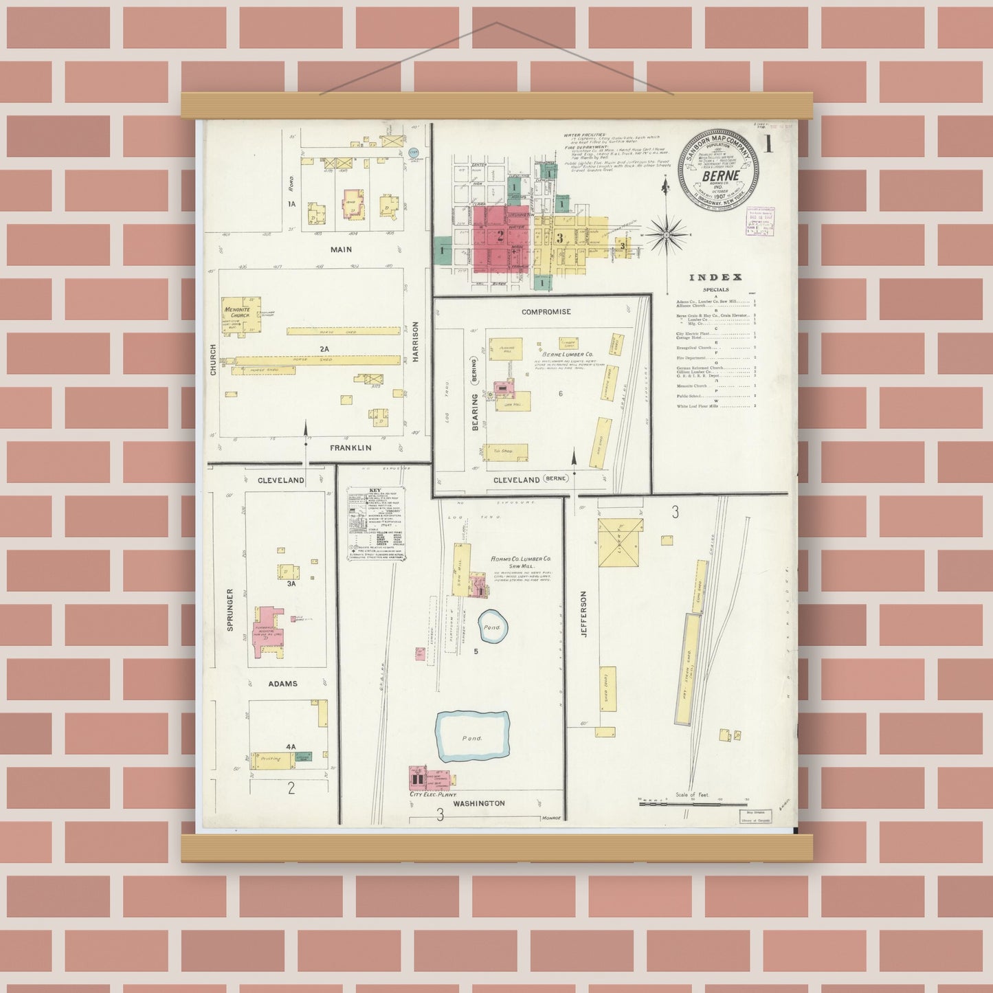 Old map wall art mockup — magnetic wood frame on brick wall — Sanborn Fire Insurance Map from Berne, Adams County, Indiana (1907) - Complete Map Set
