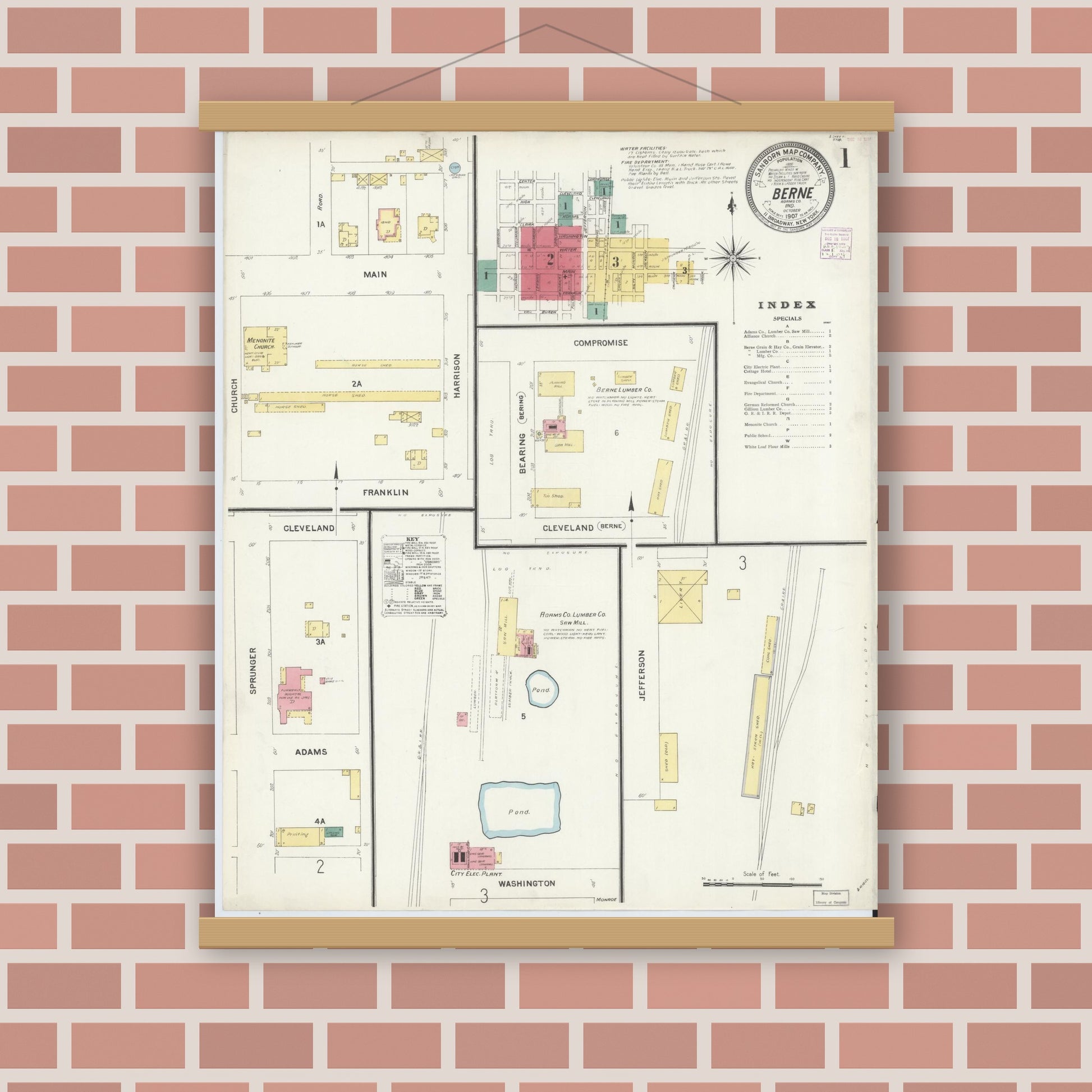 Old map wall art mockup — magnetic wood frame on brick wall — Sanborn Fire Insurance Map from Berne, Adams County, Indiana (1907) - Complete Map Set