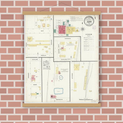 Old map wall art mockup — magnetic wood frame on brick wall — Sanborn Fire Insurance Map from Berne, Adams County, Indiana (1907) - Complete Map Set