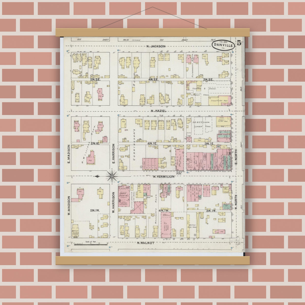 Old map wall art mockup — magnetic wood frame on brick wall — Sanborn Fire Insurance Map from Danville, Vermilion County, Illinois (1890), Sheet #0005