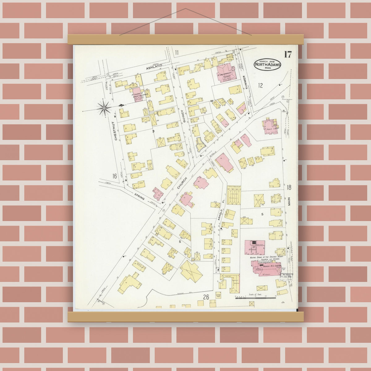 Old map wall art mockup — magnetic wood frame on brick wall — Sanborn Fire Insurance Map from North Adams, Berkshire County, Massachusetts (1908), Sheet #0017