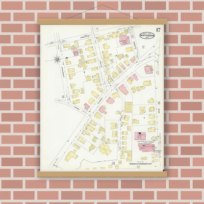 Old map wall art mockup — magnetic wood frame on brick wall — Sanborn Fire Insurance Map from North Adams, Berkshire County, Massachusetts (1908), Sheet #0017