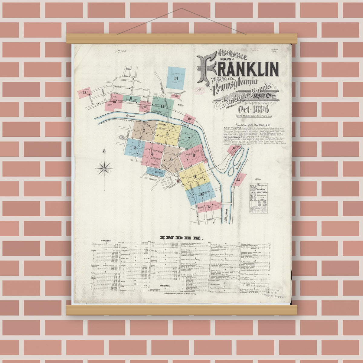Old map wall art mockup — magnetic wood frame on brick wall — Sanborn Fire Insurance Map from Franklin, Venango County, Pennsylvania (1896) - Complete Map Set