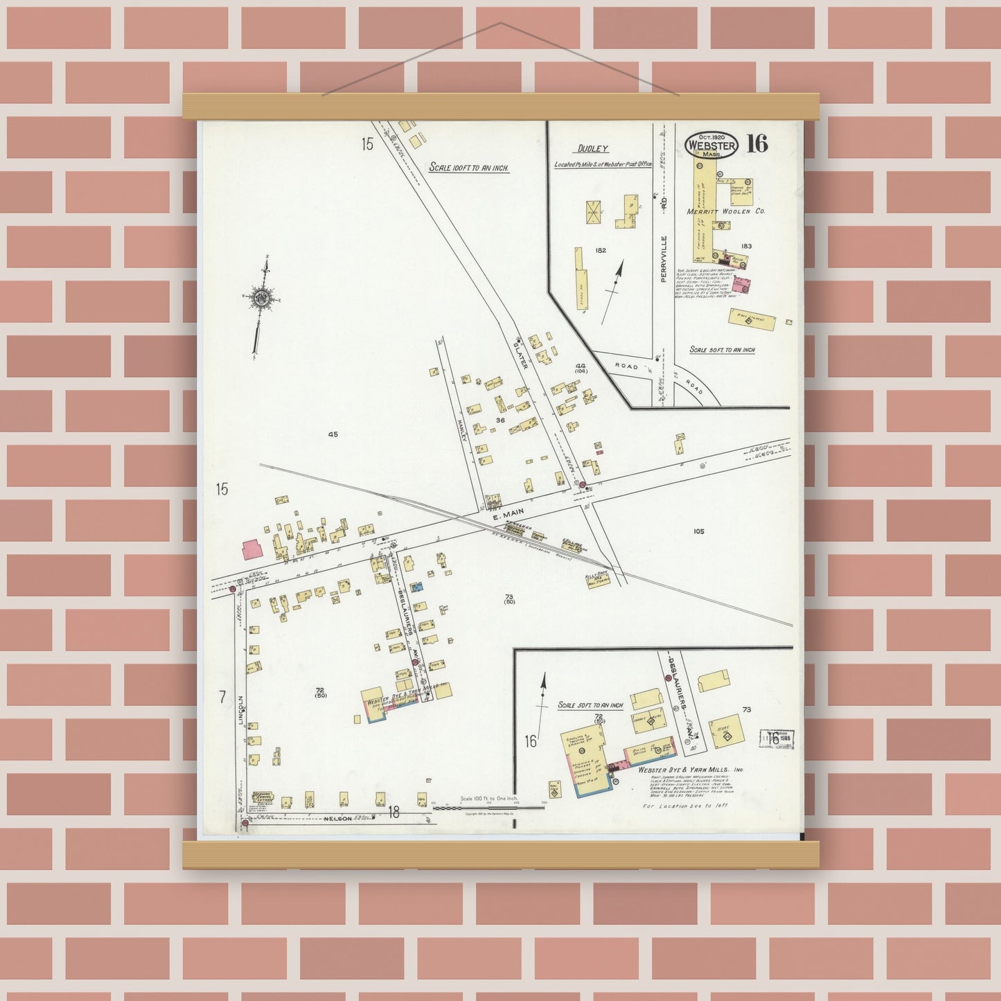 Old map wall art mockup — magnetic wood frame on brick wall — Sanborn Fire Insurance Map from Webster, Worcester County, Massachusetts (1920), Sheet #0016