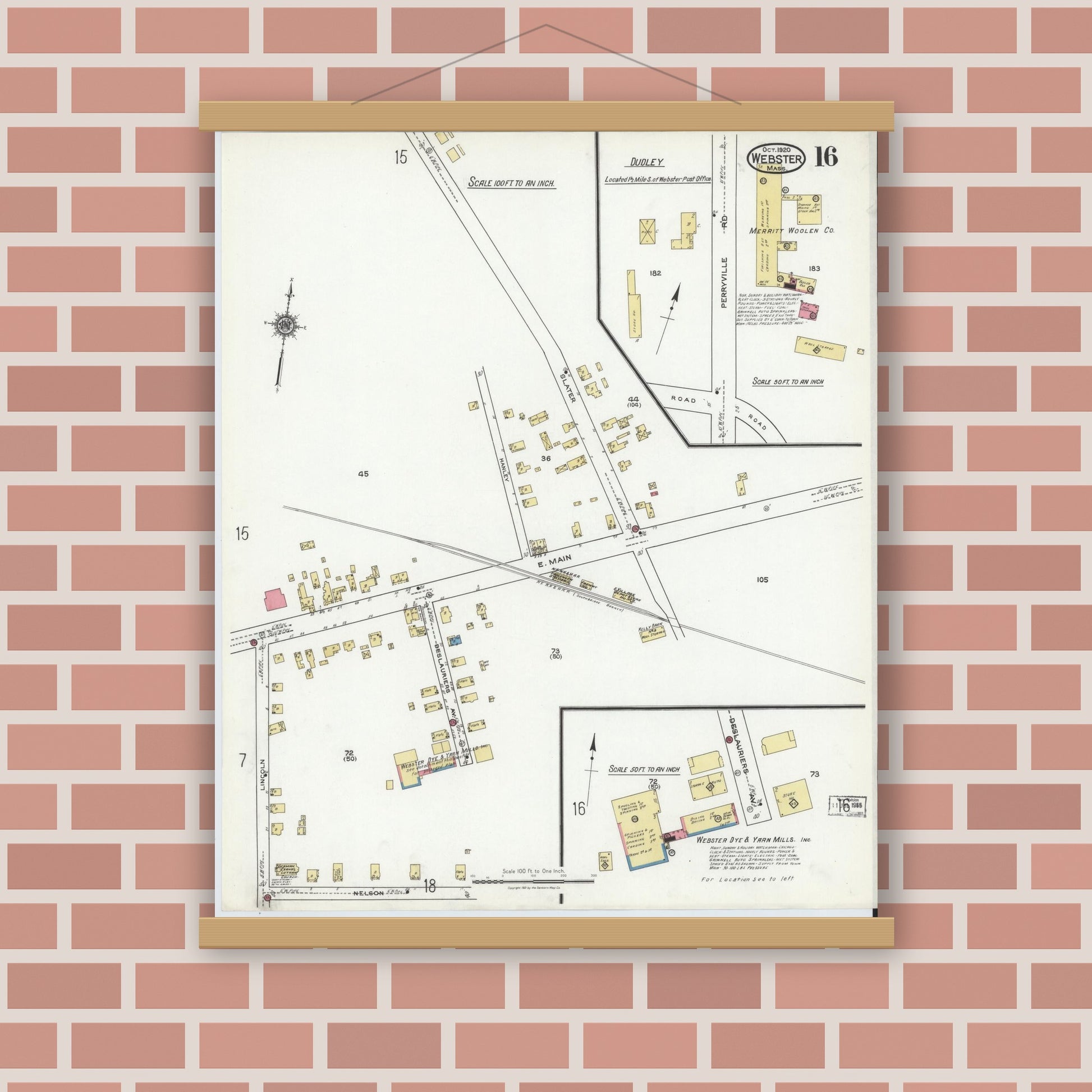 Old map wall art mockup — magnetic wood frame on brick wall — Sanborn Fire Insurance Map from Webster, Worcester County, Massachusetts (1920), Sheet #0016