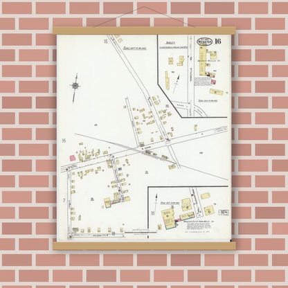 Old map wall art mockup — magnetic wood frame on brick wall — Sanborn Fire Insurance Map from Webster, Worcester County, Massachusetts (1920), Sheet #0016