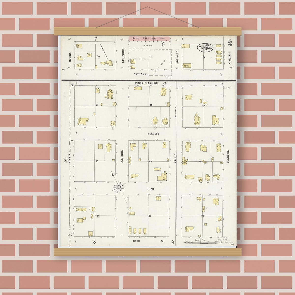 Old map wall art mockup — magnetic wood frame on brick wall — Sanborn Fire Insurance Map from Terrell, Kaufman County, Texas (1897), Sheet #0002