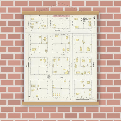 Old map wall art mockup — magnetic wood frame on brick wall — Sanborn Fire Insurance Map from Terrell, Kaufman County, Texas (1897), Sheet #0002