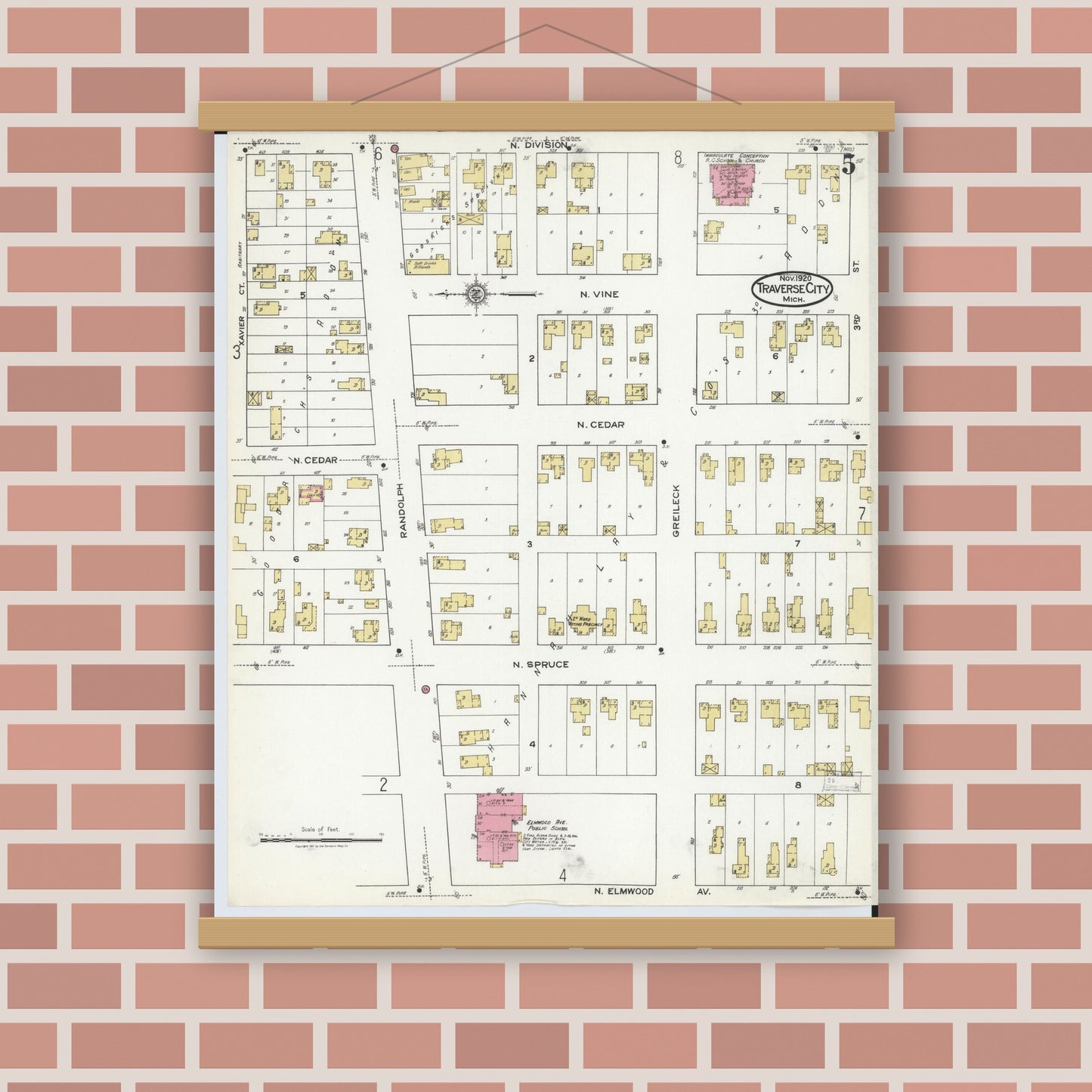Old map wall art mockup — magnetic wood frame on brick wall — Sanborn Fire Insurance Map from Traverse City, Grand Traverse County, Michigan (1920), Sheet #0005
