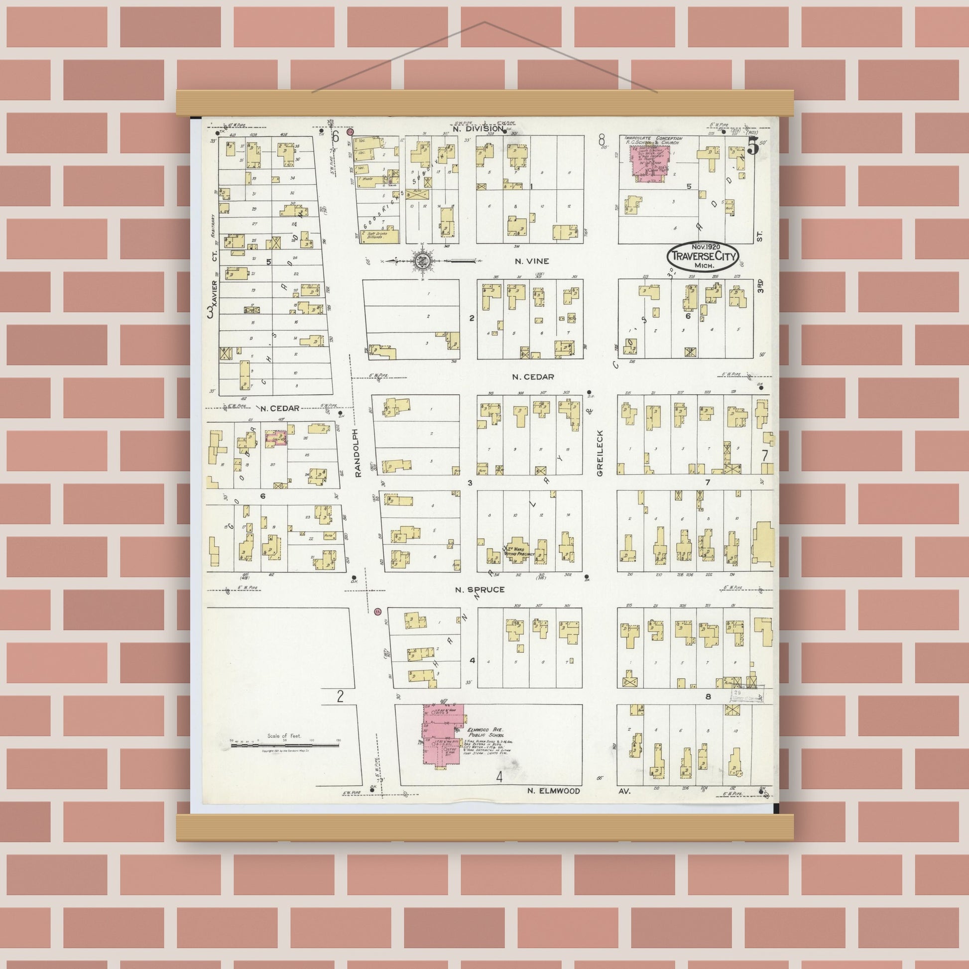 Old map wall art mockup — magnetic wood frame on brick wall — Sanborn Fire Insurance Map from Traverse City, Grand Traverse County, Michigan (1920), Sheet #0005